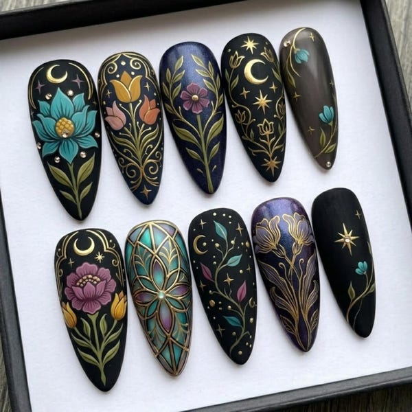 Celestial Floral Press On Nails | Mystic Gothic Stiletto Nails | Moon Star Botanical Gold Art Nail | Vintage Witchcore Nail Set