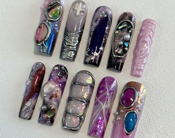 Silver Chrome Press On Nails | Cyber Y2K Witchy Vibe | Abstract Alt Long Square Nail | Iridescent Marble Nail | Handcrafted 3D Art Nail