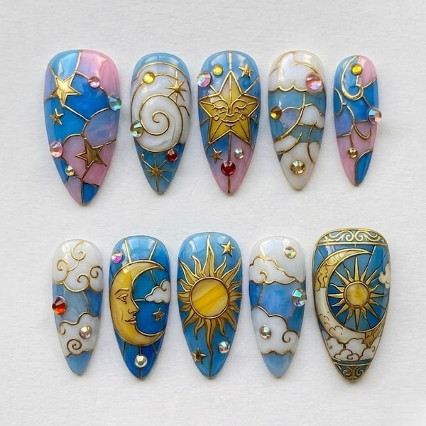 Celestial Sky Press On Nails | Dreamy Pastel Stained Glass Long Almond Nails | Sun, Moon, Cloud, Star & Gem Nails | Fantasy Set