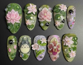 Handmade Lotus Garden Press On Nails | 3D Flowers, Water Drops & Soot Sprites Art | Long Almond Nails For Whimsical Vibes