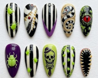Black White Stripe Press On Nails | Weird Spooky Season Vibe | Creepy Gothic Almond Nails | Skull Monster Eye Nail | Halloween Nails