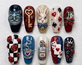 Alice in Wonderland Press On Nails | Mad Tea Party Magic | 3D Whimsical Coffin | Cheshire Cat Rabbit Nail | 3D Sculpted Art Nail
