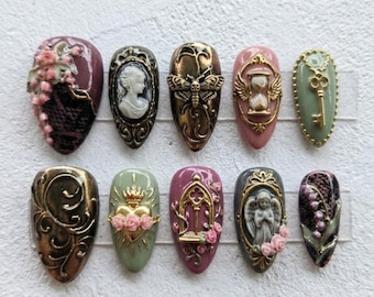 Victorian Gothic Press On Nails | Vintage Cameo & Death Moth | Antique Gold Almond Nails | 3D Rose Angel, Key | Handmade Nail Art