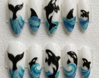 Orca Whale Press On Nails | Hand Painted Blue Ocean Wave Long Almond Fake Nails | Coastal Marine Life Nail Set
