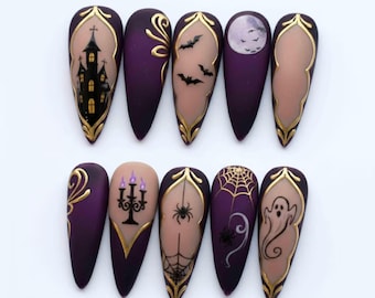 Matte Purple Gold Press On Nails | Spooky Haunted Halloween | Gothic Stiletto | Bat Spider Ghost Moon Nail | Hand Painted Art Nail