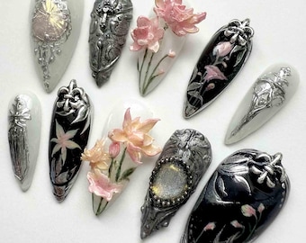 Handmade Gothic Floral Press On Nails | 3D Pink Blossoms & Antique Silver Embossing | Monochrome Almond Nails For Dark Romantic Vibe
