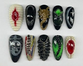 Sci-Fi Horror Press On Nails | Dark Biomechanical Creature | Spooky Almond Shape | Alien Monster & Skeleton Details | Handmade 3D Nail Art
