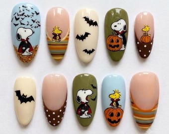 Snoopy Halloween Press On Nails | Peanuts Autumn Cartoon Vibe | Cute Classic Almond Nails | Vampire Snoopy Bat Nail | Hand Painted Art Nail