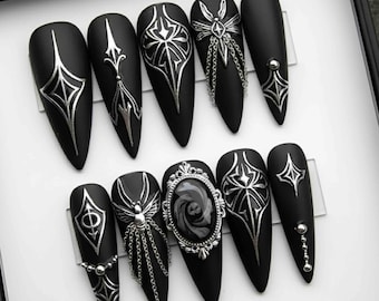 Handmade Gothic Press On Nails | Black Matte, Silver Chains & Spider Details | Long Stiletto Nails For Dark Glam Vibes