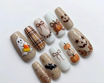 Cute Halloween Press On Nails | Spooky Autumn Vibe | Neutral Coffin Nails | Ghost Pumpkin Pattern Nail | Hand Painted Gel Art Nail