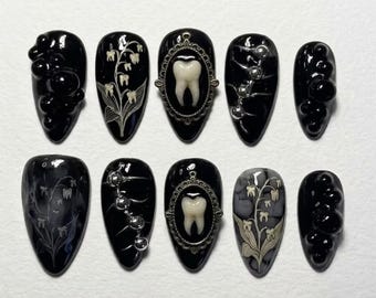 3D Macabre Tooth Press On Nails | Dark Gothic Horror Vibe | Edgy Black Almond Nails | Lily Of The Valley Nail | Textured 3D Charm Art Nail