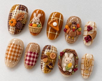 Handmade Thanksgiving Press On Nails, Cute 3D Bunny & Turkey Nail Set, Pumpkin Pie Plaid, Wheat Accents, Nails For Autumn Vibes