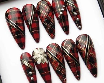 Handmade Festive Plaid Press On Nails | Red Tartan, Gold Glitter & Flower Accent | Stiletto Shape Nails For Christmas Holiday