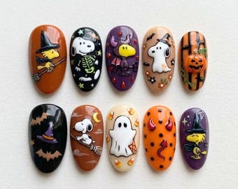 Snoopy Halloween Press On Nails | Cute Peanuts Comic Spooky Season | 3D Embossed Almond Nail | Bat Ghost Pumpkin Nail | Hand Painted 3D Nail