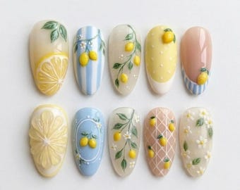 Handmade Lemon Garden Press On Nails, 3D Citrus Botanical Nail Art, Vintage Almond Floral Nails, Cottage Summer Nails