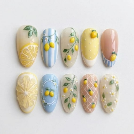 Handmade Lemon Garden Press On Nails, 3D Citrus Botanical Nail Art, Vintage Almond Floral Nails, Cottage Summer Nails