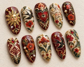 Handmade Sacred Heart Press On Nails | Vintage Celestial Art | Baroque Burgundy Almond Nails | Swallow Floral Nail | Sun Star Pearl Nail