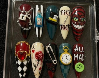 Dark Alice in Wonderland Press On Nails | Gothic Fantasy Character | Long Stiletto Shape | Cheshire Cat & Mad Hatter | Handmade 3D Nail Art