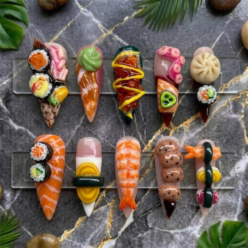 Japanese Sushi Food Press On Nails | Kawaii 3D Stiletto Nails | Salmon & Takoyaki Nails | Handmade Sculpted Nails | Funky Harajuku Nails image 1