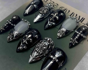 Handmade Gothic Armor Press On Nails | 3D Cross, Fleur De Lis & Silver Stud Charms | Black Metallic Stiletto Nails For Dark Festival Vibe