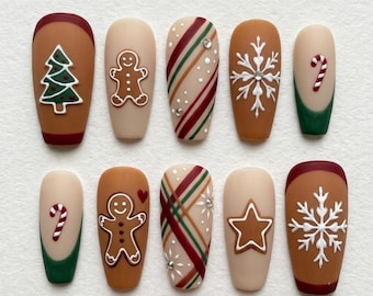 Gingerbread Christmas Press On Nails | Cozy Holiday Winter Design | Cute Coffin Shape | Candy Cane & Snowflake Nail | Handpainted 3D Nail