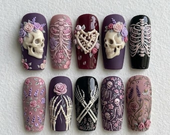Gothic Floral Skull Press On Nails | 3D Skeleton Rose Nail Art | Purple Pink Spooky Elegant Fake Nails