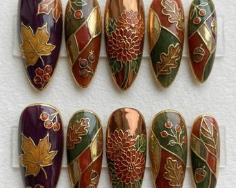 Stained Glass Autumn Press On Nails | Fall Harvest Magic | Vintage Stiletto Nails | Acorn & Berry Pattern Nail | Gold Embossed Art Nail