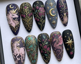 Magic Unicorn Press On Nails | Enchanted Witchy Vibe | Matte Black Almond Nails | Dragon Star Berry Nail | 3D Gold Embossed Art Nail