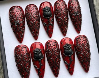 Black Rose Press On Nails | Gothic Vampire Stiletto Nails | Rose, Lace, Scroll, Rhinestone & Dark Red Nail | 3D Romance Nail Art Set
