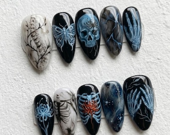 Gothic Skeleton Press On Nails | Dark Fantasy Horror | Spooky Almond Shape | Blue Skull, Spider & Ribcage | Handpainted Nail Art