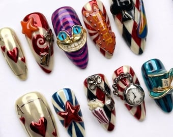Alice in Wonderland Press On Nails | Whimsical Stiletto Nails | 3D Clock & Cat Nails | Handpainted Custom Nails | Fantasy Cosplay Nails