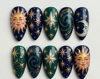 Celestial Sun Moon Press On Nails | Vintage Astrology Inspired | Gold Navy Almond Nails | Star Galaxy Nail | Hand Painted Magic Nail Art