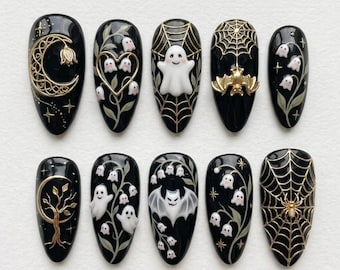 3D Spooky Ghost Press On Nails | Dark Gothic Magic Fantasy Vibe | Elegant Black Almond Nails | Gold Web & Bat Nail | 3D Chrome Sculpted Nail