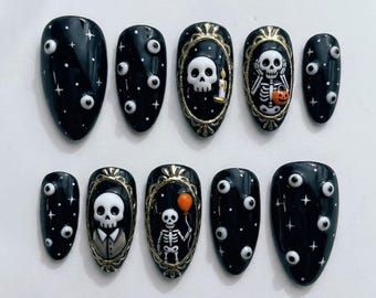 Spooky Skeleton 3D Press On Nails | Creepy Cute Halloween | 3D Eyeball Star Nail | Handmade Gold Foil Nails | Gold Frame Skeleton Nail