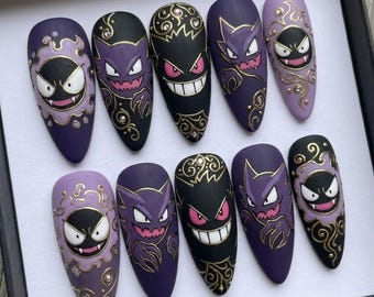 Pokemon Ge.ngar Press On Nails | Anime Ghost Monster Theme |Dark Gothic Almond Shape | 3D Gold Swirl Nails | Hand Painted Art Nail