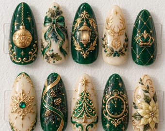 Vintage Christmas Press On Nails | Emerald Green & Gold Holiday Nails | Long Almond Shape | 3D Ornament, Reindeer, Tree | Handmade Nail Art