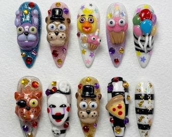 Handmade Spooky Character Press On Nails, FNAF Inspired Nail Set, Bonnie Freddy Foxy Pizza & Balloon Accents, Nails For Fun Creepy Vibes