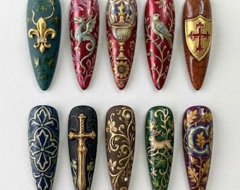Medieval Gothic Press On Nails | 3D Sword, Cross, Dragon & Fleur De Lis Long Stiletto Fake Nails | Royal Heraldic Handmade Gel Set