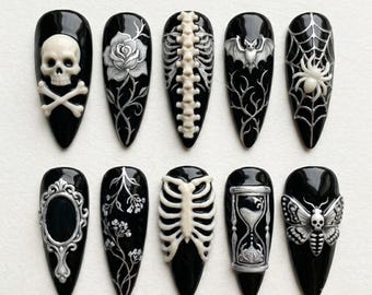 Gothic Press On Nails | 3D Skull & Skeleton Nail Art | Black Silver Spiderweb, Bat | Dark Victorian Stiletto Nails | Handmade