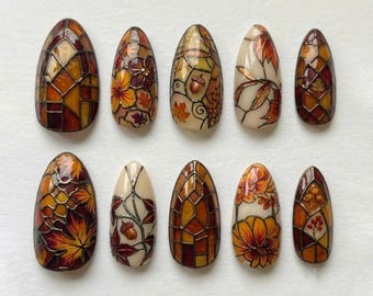 Autumn Stained Glass Press On Nails | Fall Season Inspired | Vintage Almond Nails | Maple Leaves Acorn Nail | Mosaic Window Art Nail