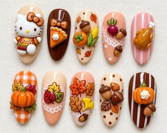 Handmade Kawaii Thanksgiving Press On Nails, Hello Kitty Nail Set, Pumpkin Pie & Acorn Accents, Nails For Cozy Fall Vibes
