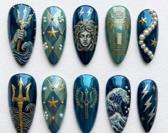 Poseidon Myth Press On Nails | Ancient Greek God Vibe | Deep Ocean Teal Almond Nails | Trident Medusa Wave Nail | Hand Painted Gold Nail