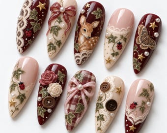 Handmade Cottagecore Deer Press On Nails | Vintage Woodland Romance | Coquette Almond Nails | Fawn Ivy Ladybug Nail | 3D Rose Lace Bow Nail