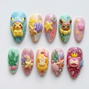 Handmade Cute Pokemon Press On Nails | Ocean Shell, Starfish, Coral & Kawaii Character Design | Pastel Summer Nail Set