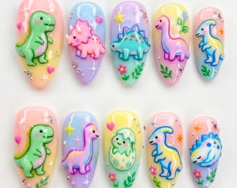 Kawaii Dinosaur Press On Nails | 3D Pastel Dino, Egg & Rhinestone Almond Fake Nails | Cute Rainbow Handmade Gel Manicure