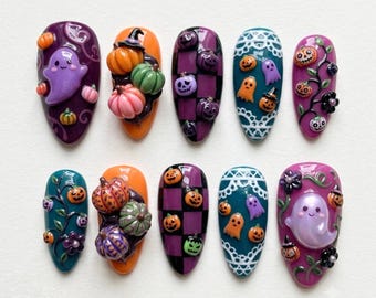 3D Halloween Ghost Press On Nails | Cute Pumpkin, Checkerboard & Lace Almond Fake Nails | Spooky Kawaii Handmade Gel Set