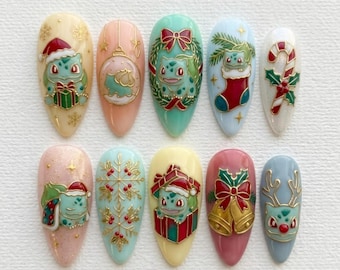 Bulbasaur Christmas Press On Nails | Cute Pokemon Holiday Nails | Kawaii Almond Shape | Candy Cane & Gift Nail | Handpainted Art Nail