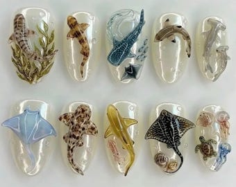 Handmade Ocean Life Press On Nails | 3D Whale Shark, Dolphin, Stingray & Sea Creature Design | Coastal Summer Marine Nail Set