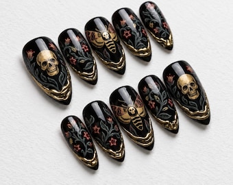 Handmade Skull Press On Nails | Gothic Moth Inspired | Black Almond Nails | Dark Botanical Nail | Gold Chrome Nail Art