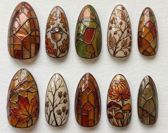 Autumn Stained Glass Press On Nails | Woodland Harvest Inspired | Elegant Almond Nails | Leaf Mushroom Floral Nail | Hand Painted Art Nails